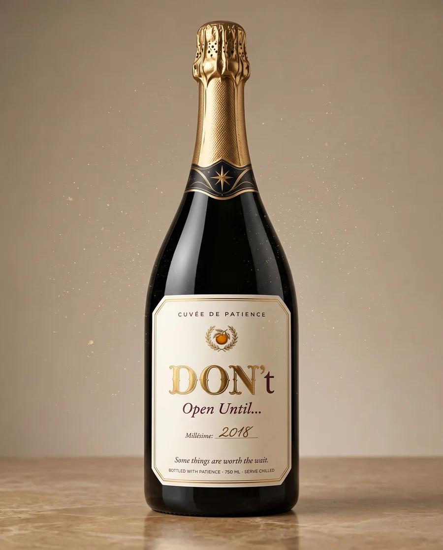 Champagne bottle wearing the DON't Open Until… Cuvée de Patience label