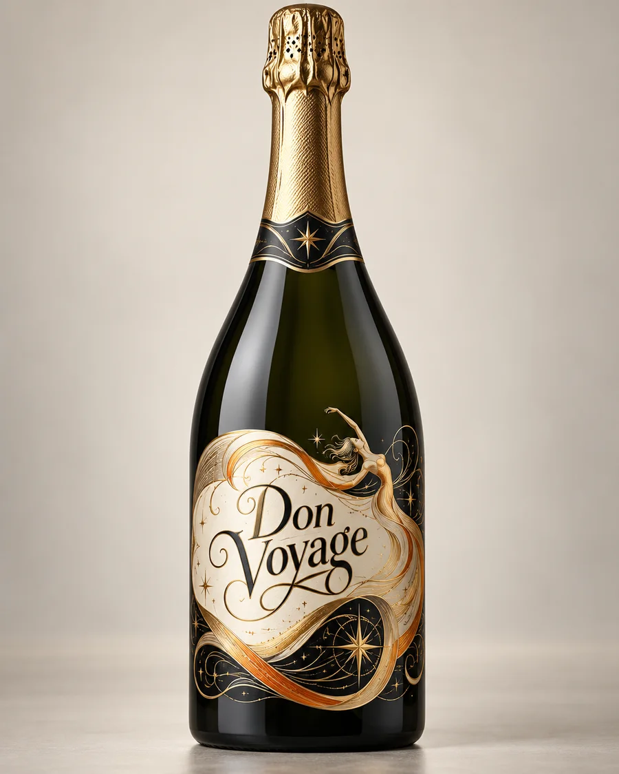 Don Voyage label on a black-and-gold sparkling wine bottle