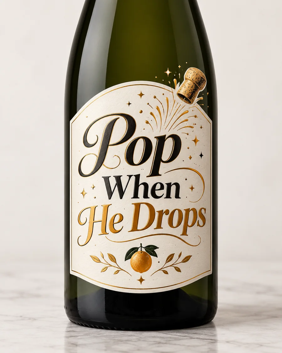 Pop When He Drops label with a flying cork on a green bottle