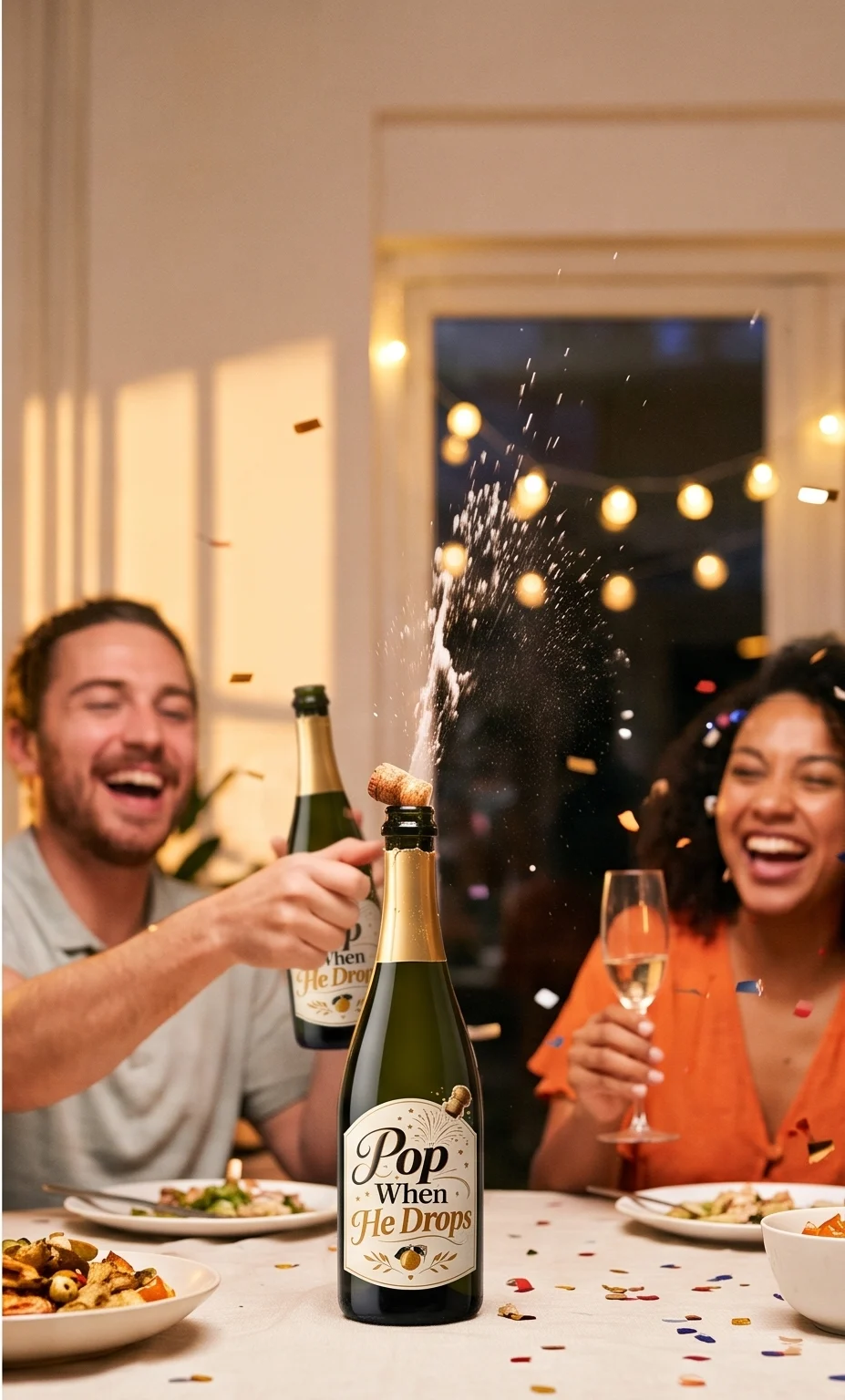 Friends laughing as a champagne cork pops at a dinner party