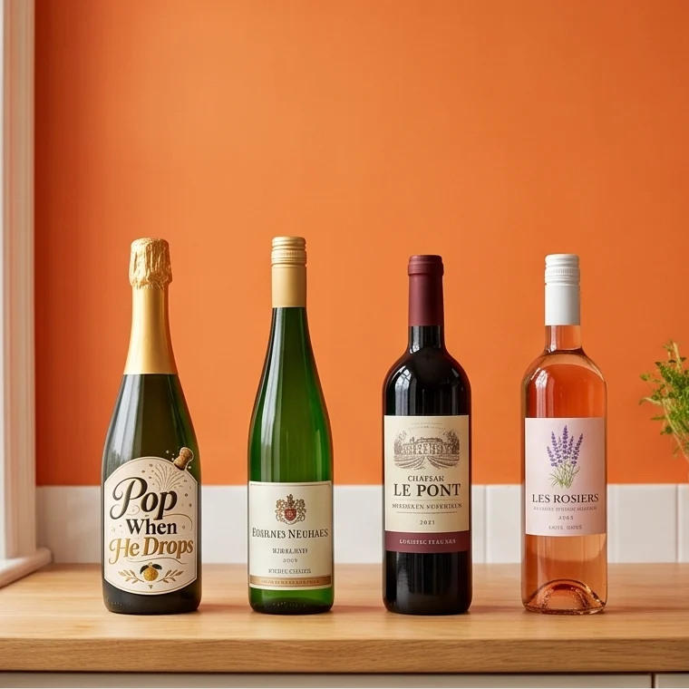 Four wine bottles on a kitchen counter, one wearing a Pop When He Drops label