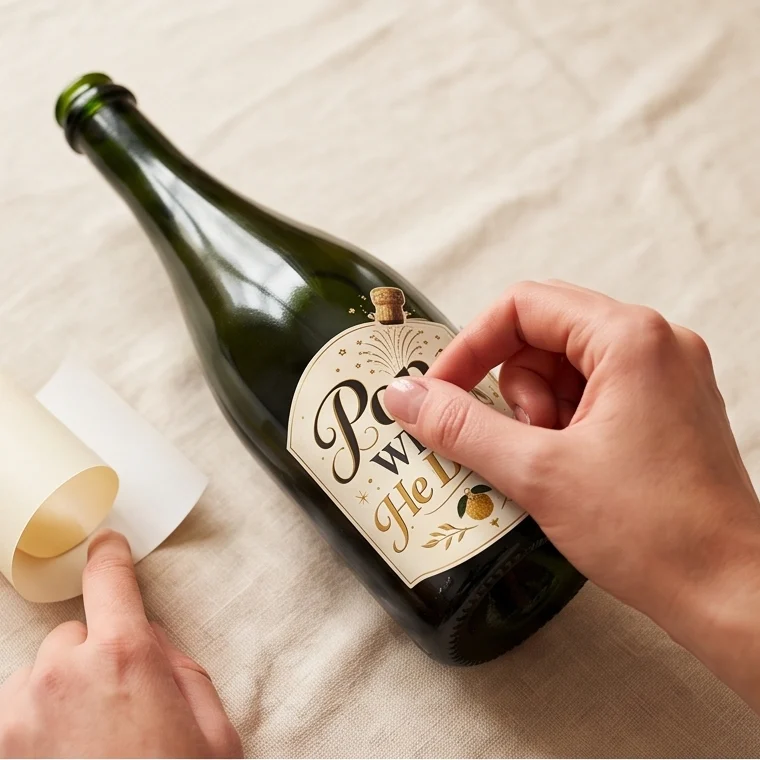 Hands smoothing a Pop When He Drops label onto a sparkling wine bottle