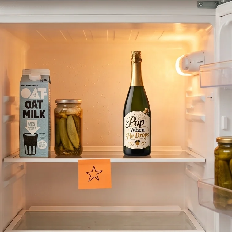 Labeled bottle saved in the fridge next to pickles and oat milk