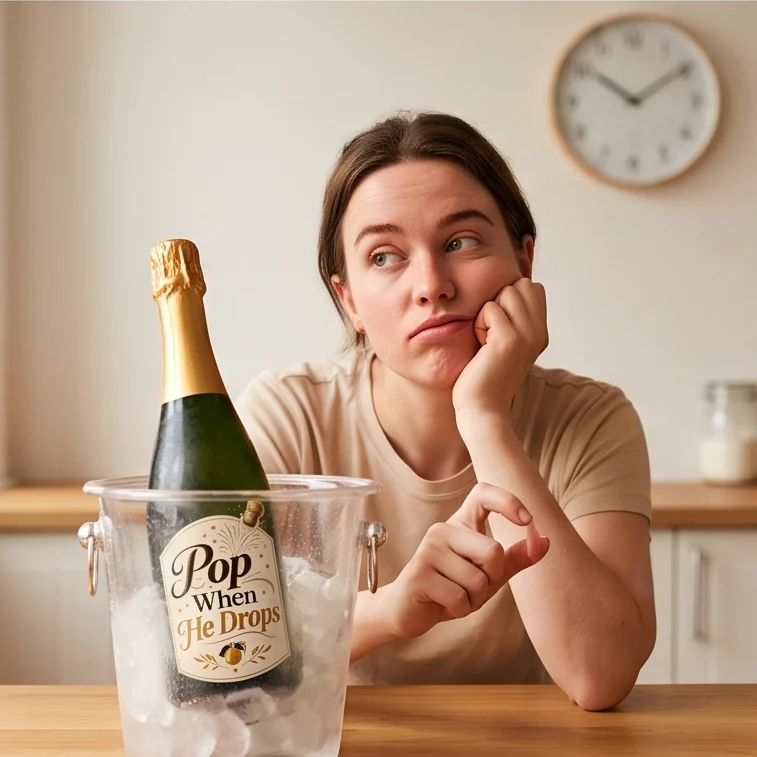 Bored person waiting beside a labeled bottle in an ice bucket